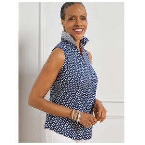 Talbots Womens Sleeveless Non-Iron Blouse Flower Geo Navy & White Size 6 Classy